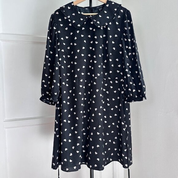New Look Black Heart Frill Collar Mini Dress Tie Waist Valentine Size 14 - Picture 2 of 11